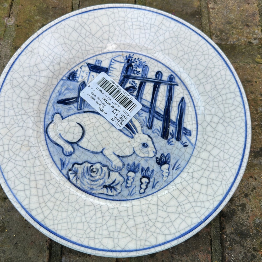 Potting Shed Dedham Rabbit Plate Blue White Crackle Grandmillennial 1992 8.5in